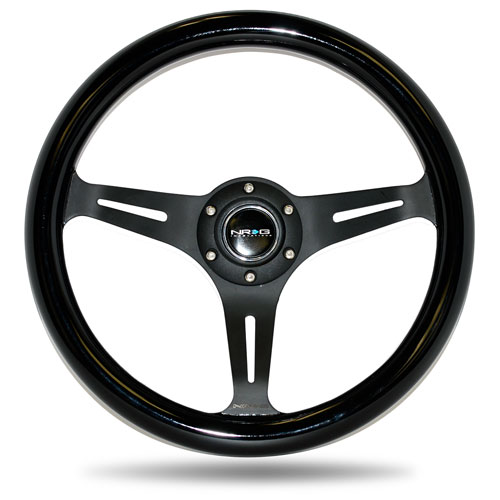 NRG  Classic Wood Grain Wheel - 350mm 3 Black spokes - Black Paint Grip